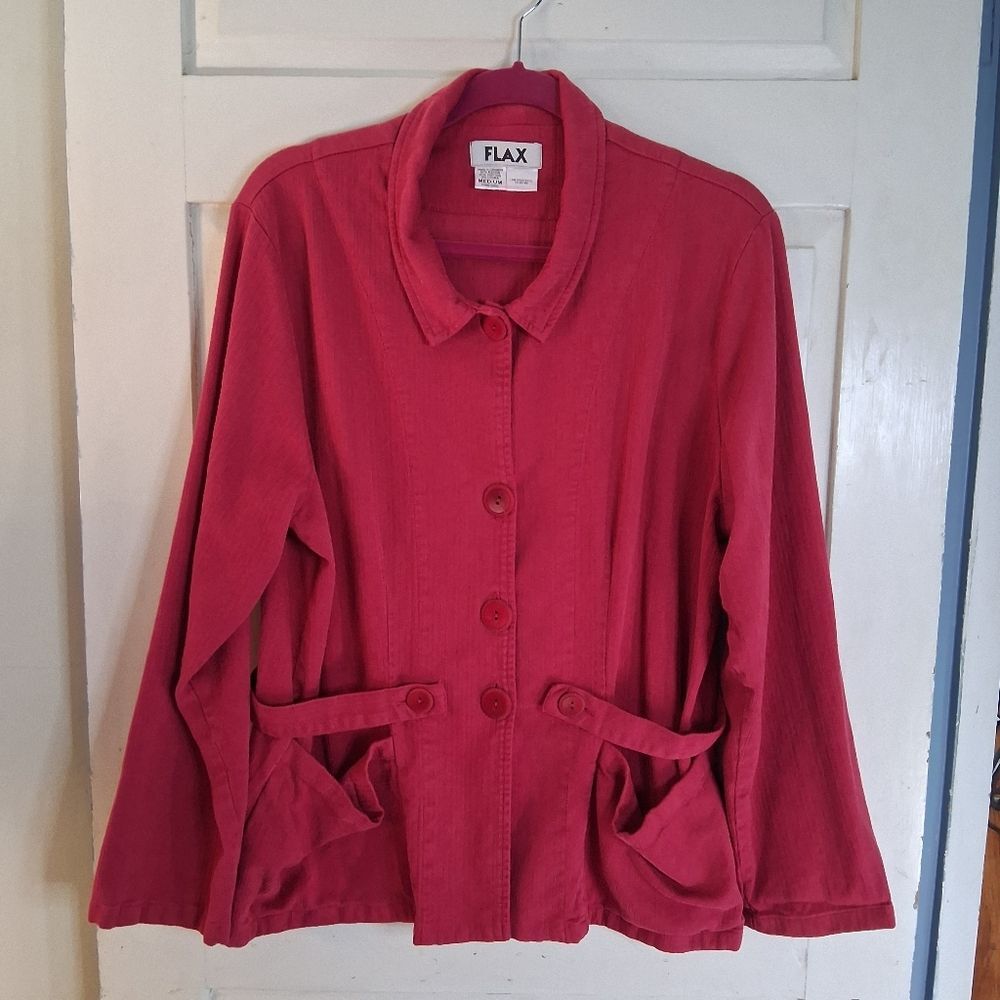 FLAX Women's Cherry Red Cotton Blend Button Up Jacket
